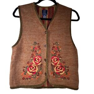 Ivy Collectibles Womens Floral Embroidered Knit Vest Brown Striped Back Large‎